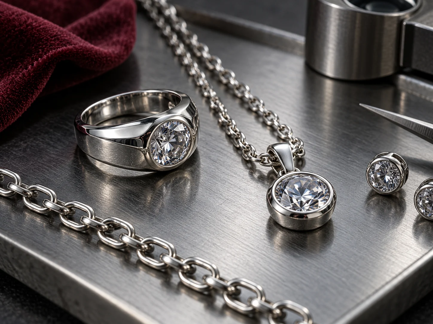 Sterling silver ring, chain and pendant details on an inspection tray