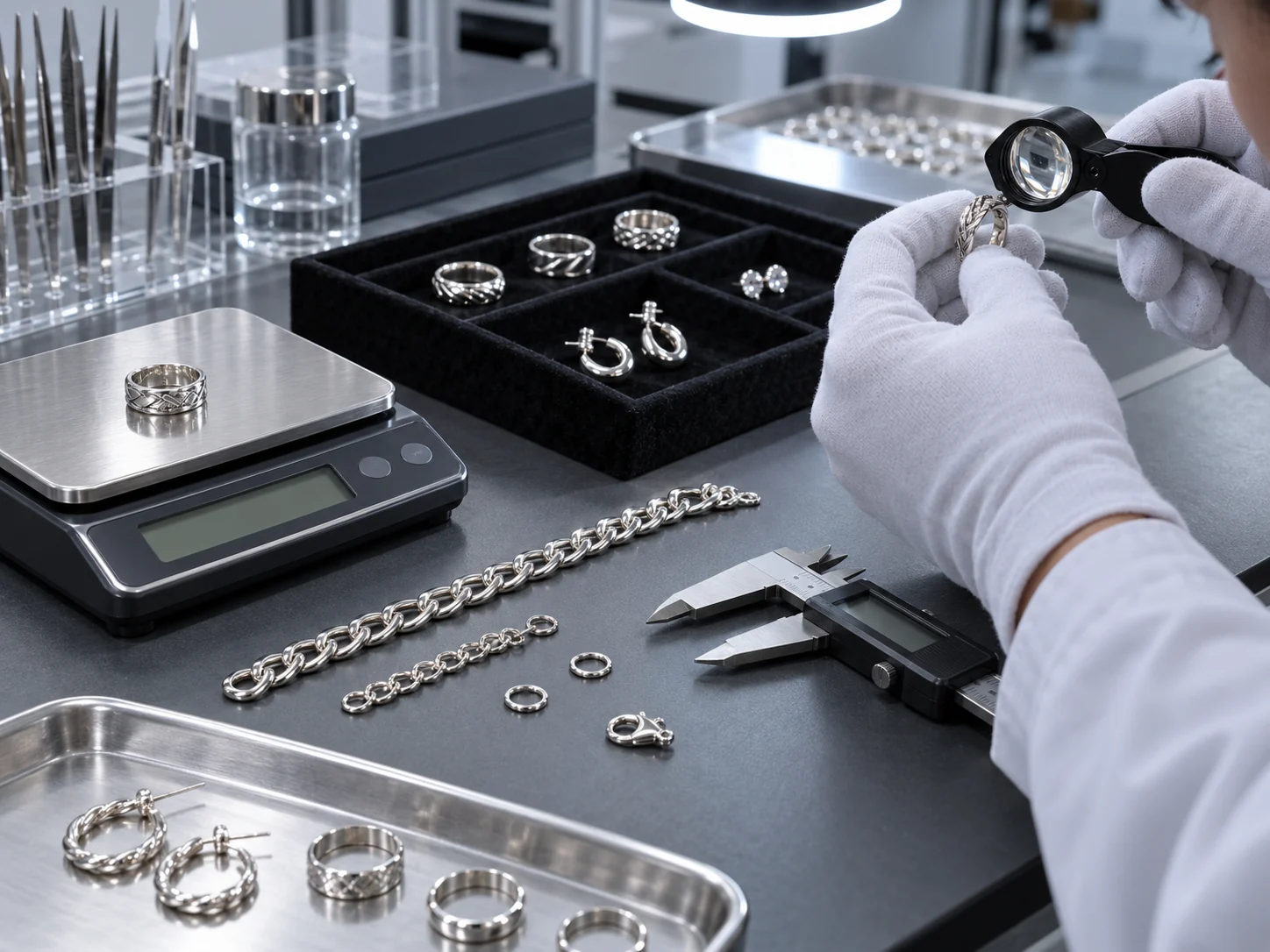 Technician checking silver jewelry weight, dimensions and surface